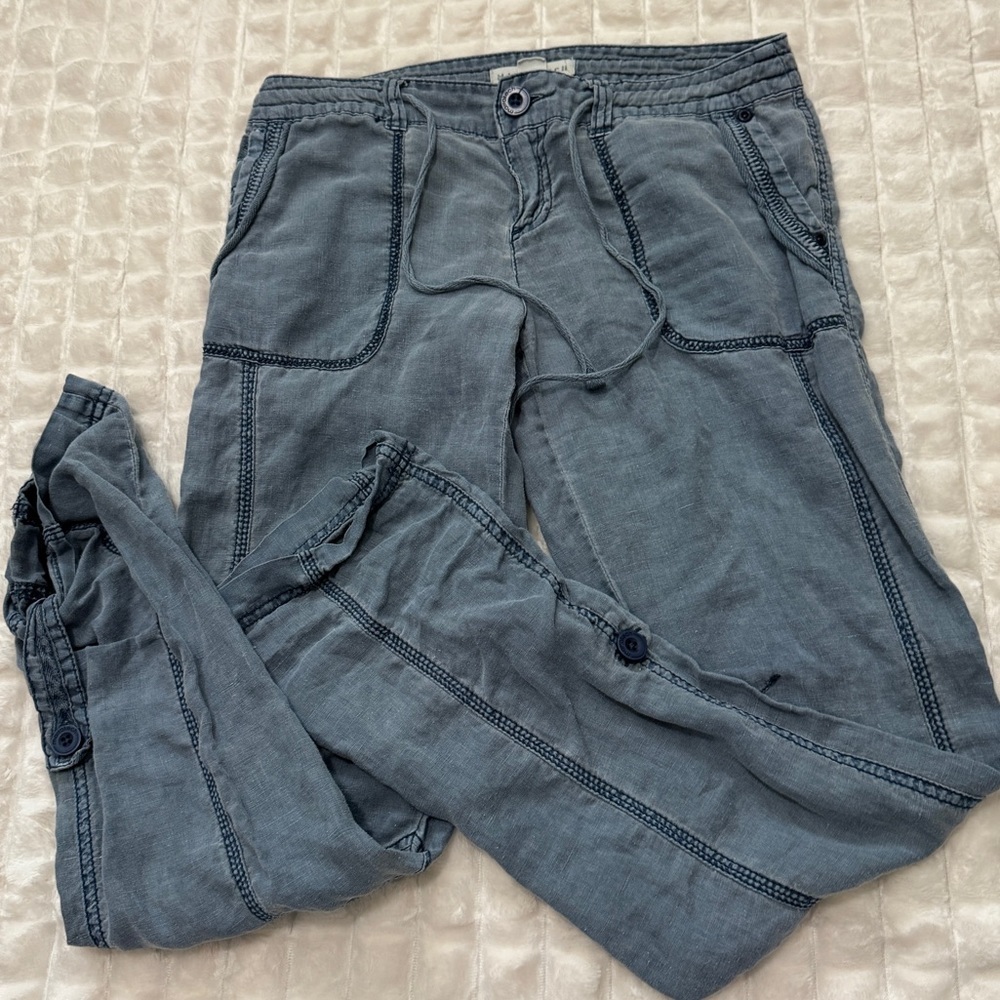 Marrakech 2 100% Linen Bluish Gray Roll Tab Straight Leg Pants Coastal Lagenlook